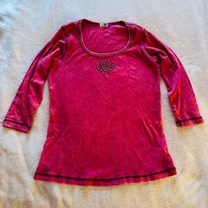 Women’s Red-Washed 3/4 Sleeve Top with Embellished Detail